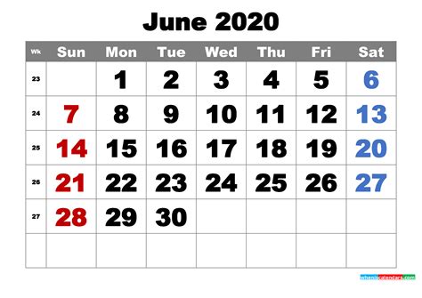 Printable Calendar June 2020